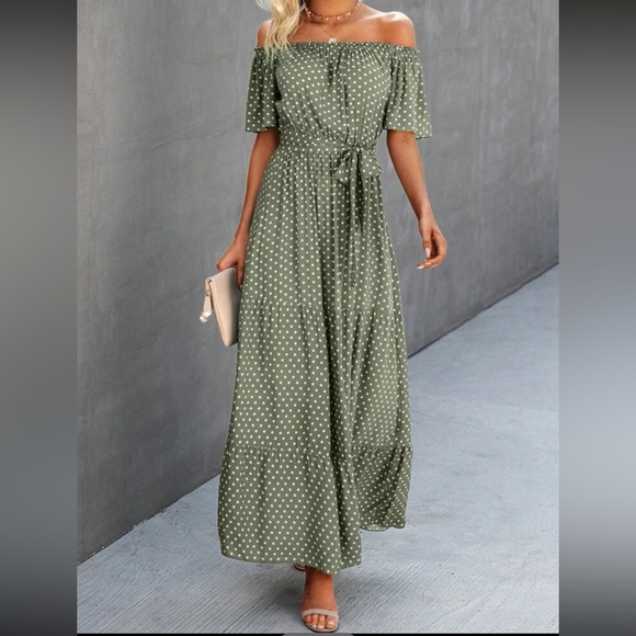 Boho polka dot off shoulder belted maxi dress - Picture 13 of 16